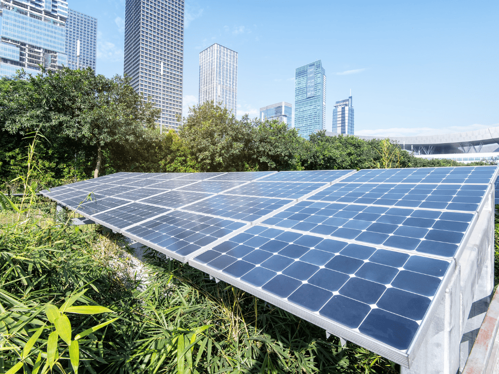 solar panel with city in background